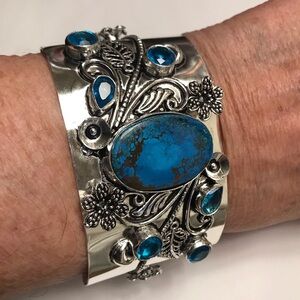 Turquoise Blue Topaz Stamped 925 Sterling Silver Cuff Bracelet